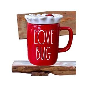NWT Rae Dunn Gorgeous LOVE BUG Ladybug Red White Pink Mug with Lid Daisy Topper